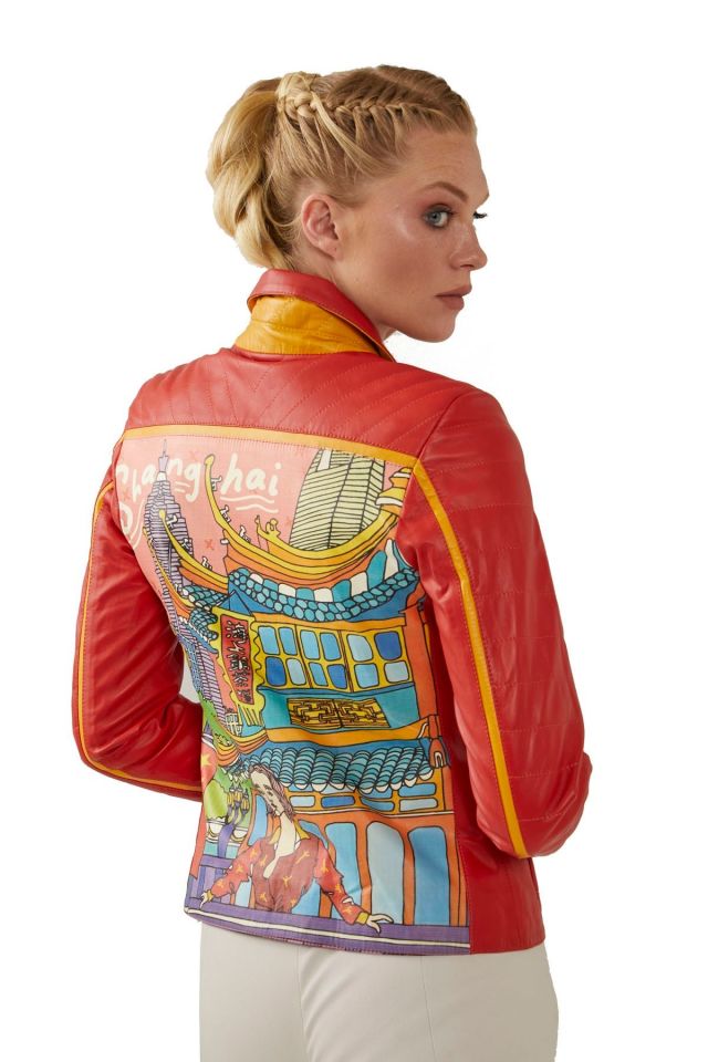 Shangai Printed Woman Genuine Leather Jacket