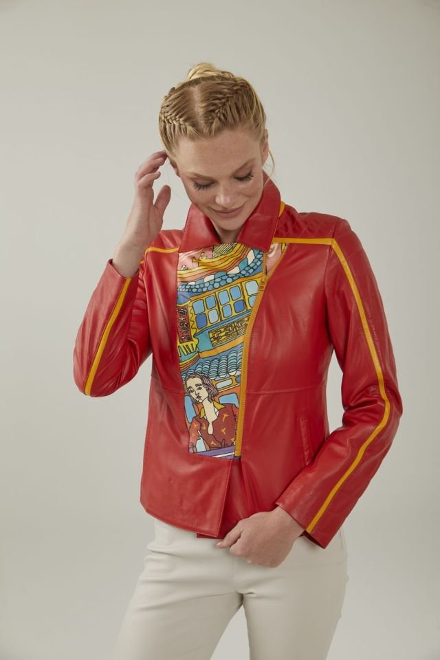 Shangai Printed Woman Genuine Leather Jacket