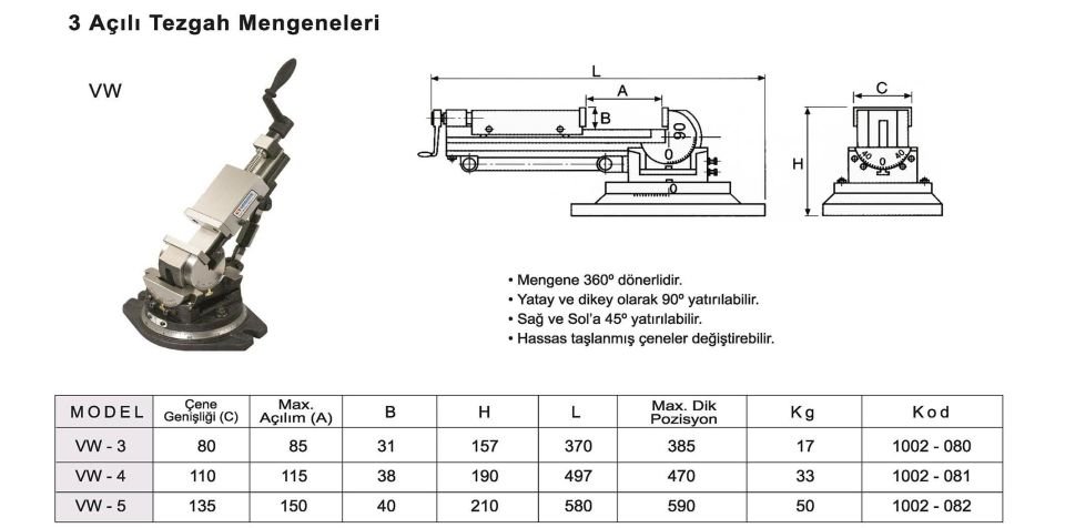 80X90 Üç Açılı Freze Mengenesi VW-3