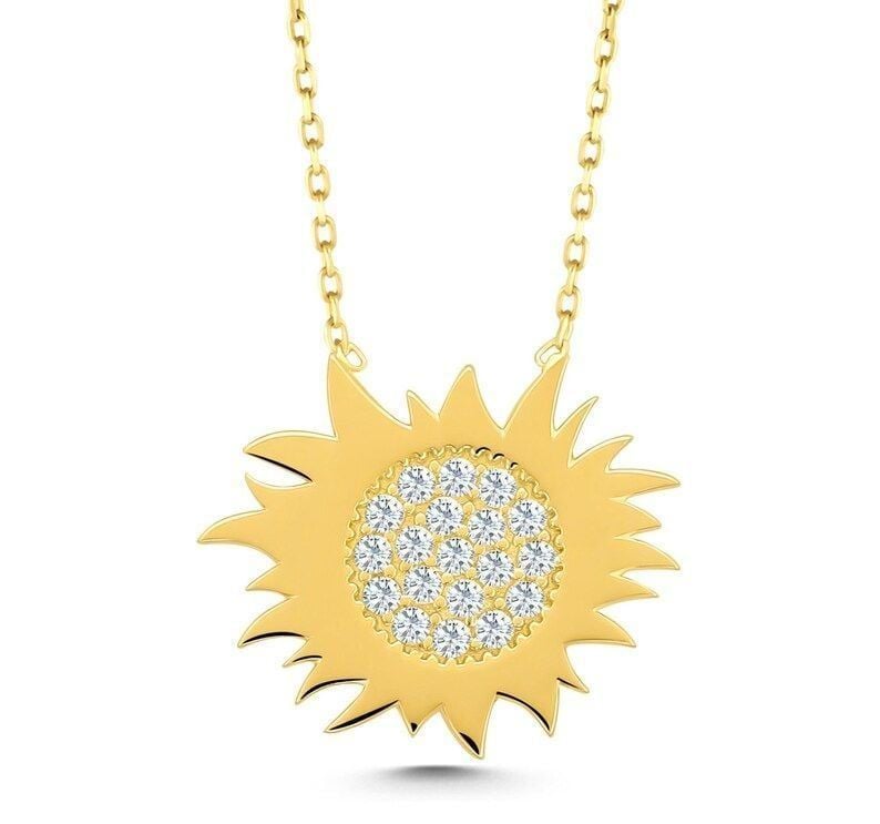 Moom Mücevherat Kadın 14 Ayar Altın Taşlı Güneş Kolye ''45 cm''