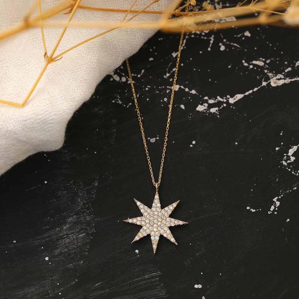 Moom Mücevherat Kadın 14 Ayar Altın Taşlı Star Kutup Yıldızı Kolye ''45 cm''
