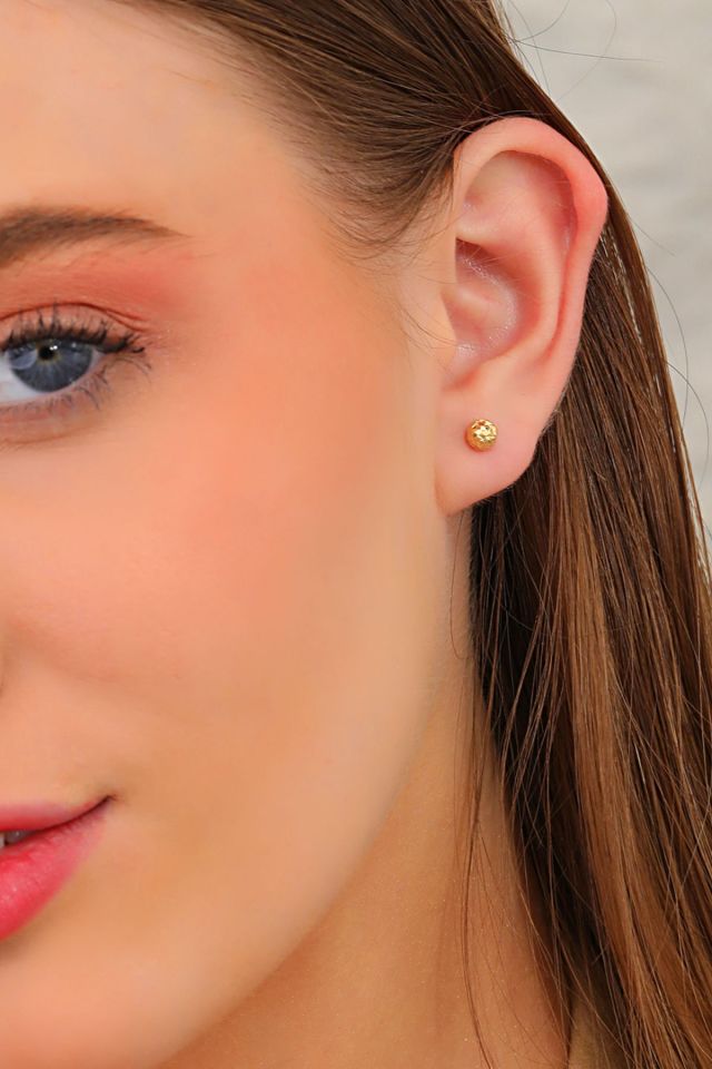 Moom Mücevherat 14 Ayar Altın Küpe Vidalı Kalemli Top Küpe Top Ebatı 5-MM