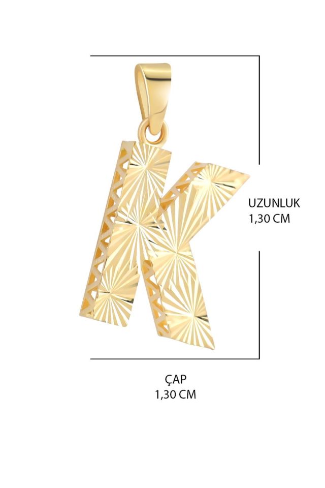14 Ayar Altın K Harfi Kolye Ucu Parlak Kalemli Işıltılı Zincir Dahil Değildir