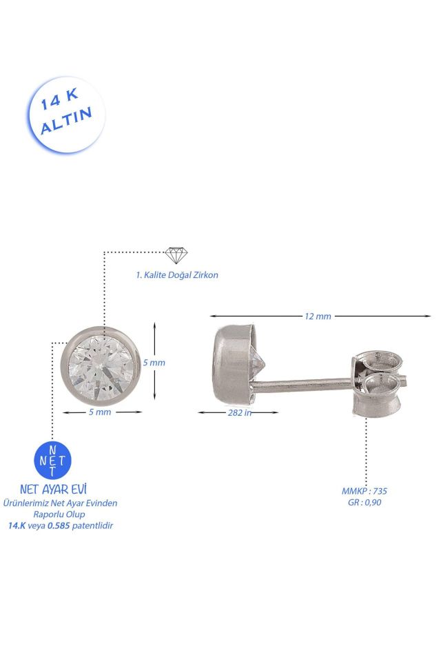 Moom Mücevherat Kadın Tek Taş Beyaz Küpe 14 Ayar Altın