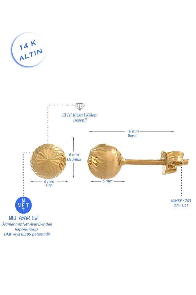 Moom Mücevherat Kadın Top  Küpe 14 Ayar Altın
