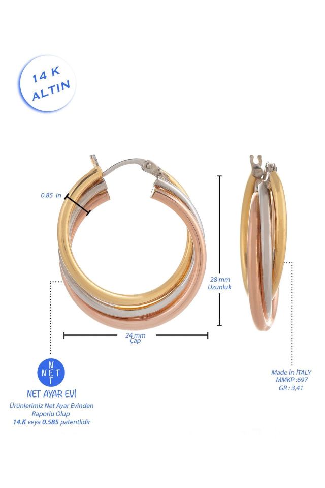 Moom Mücevherat Kadın İtalyan3 RENKLİ Rose Beyaz Yeşil Halka Küpe 14 Ayar Altın (2,8 cm)