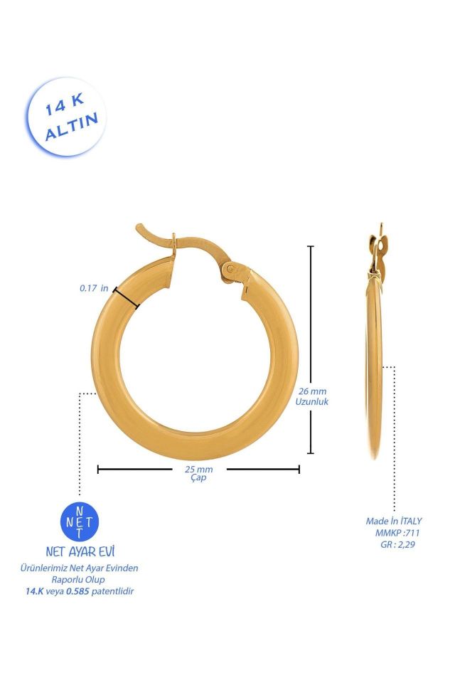 Moom Mücevherat Kadın İtalyan Düz Halka Küpe 14 Ayar Altın (2,6 cm)