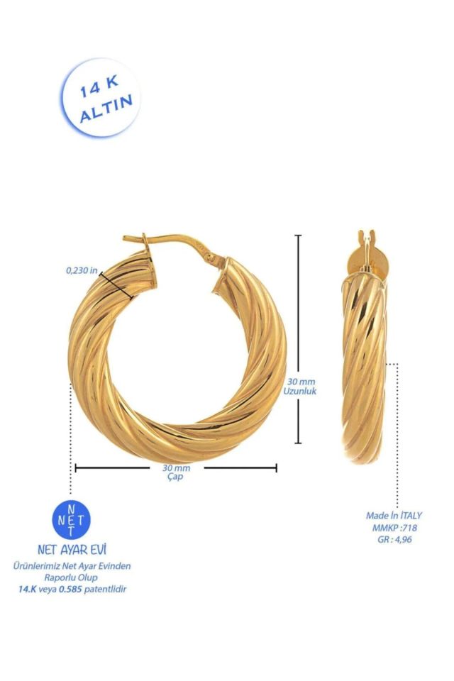 Moom Mücevherat Kadın İtalyan Bom Desenli Halka Küpe 14 Ayar Altın (3 cm)