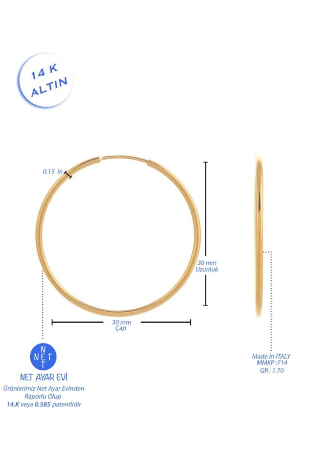 Moom Mücevherat Kadın İtalyan Halka Küpe 14 Ayar Altın (3 cm)