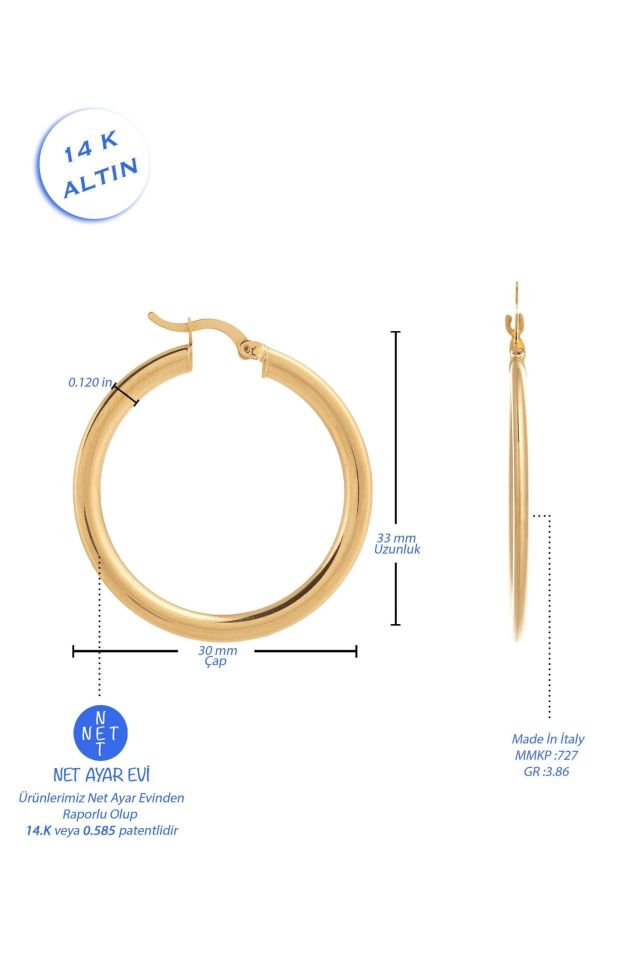 Moom Mücevherat Kadın İtalyan Halka Küpe 14 Ayar Altın (3 cm)