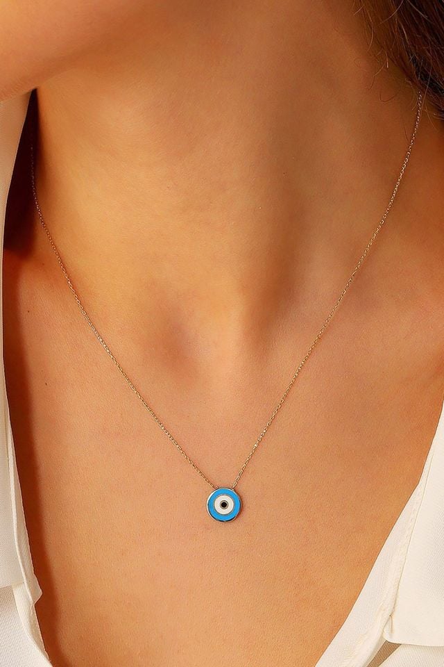 Moom Mücevherat Kadın 14 Ayar Altın  Minimal Fosforlu Mineli Nazar Kolye