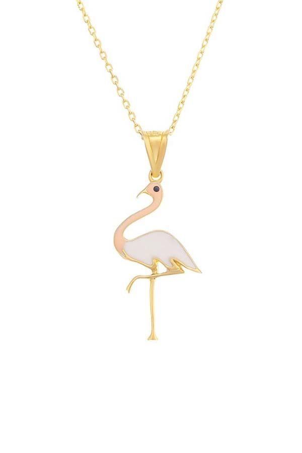 Moom Mücevherat Kadın 14 Ayar Altın Fantezi Mineli Flamingo Kolye