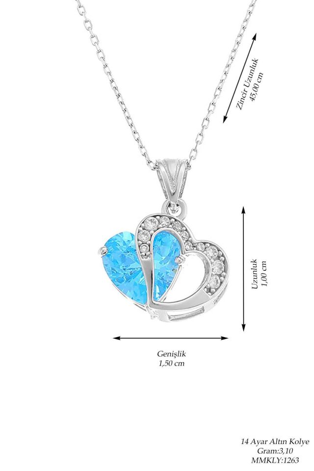 Moom Mücevherat Kadın 14 Ayar Beyaz Altın Aquamarine Taşlı Kalpli Kolye