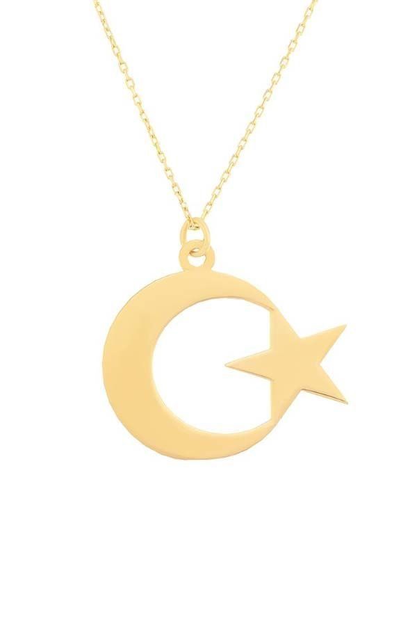 Moom Mücevherat Kadın 14 Ayar Altın  2 cm Ay Yıldız Kolye
