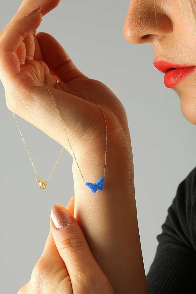 Moom Mücevherat Kadın 14 Ayar Altın Mavi Sedef Opal Taşlı Kelbek Kolye