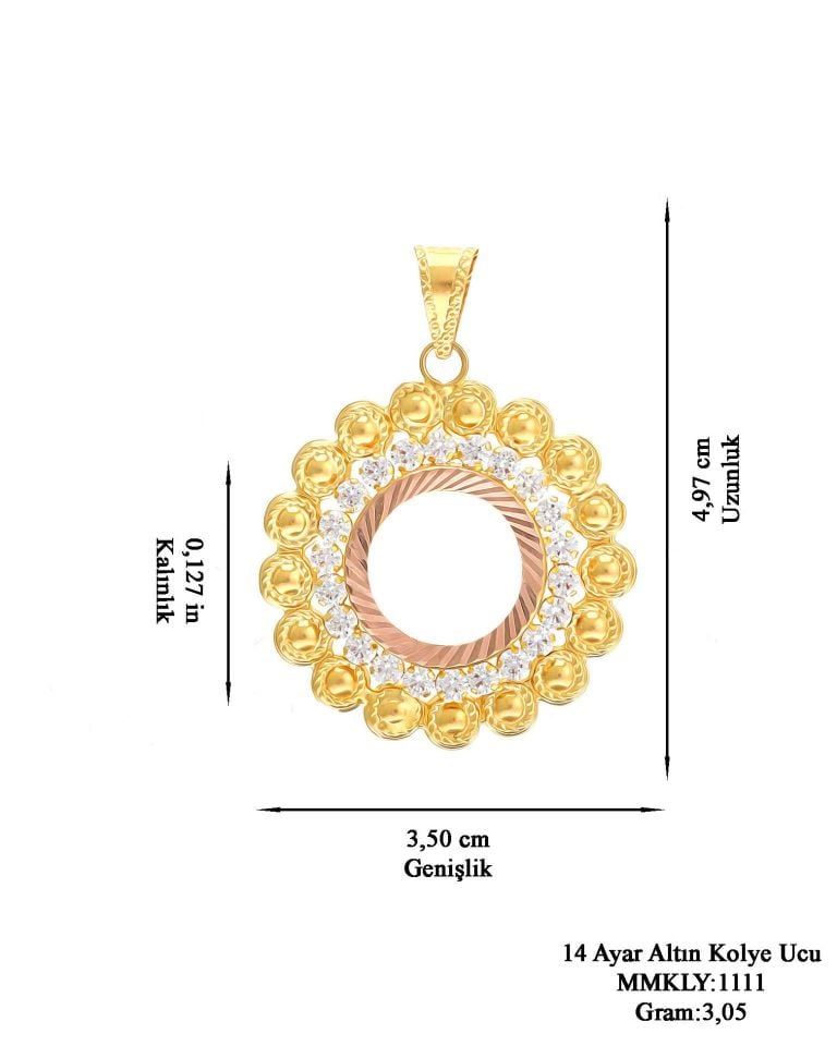 Moom Mücevherat Kadın 14 Ayar Altın Taşlı  Yuvarlak  Model Çerçeve Kolye Ucu
