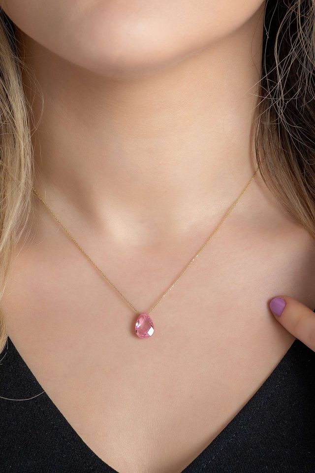 Moom Mücevherat Kadın Damla Taşlı Pembe Renkli Kolye 14 Ayar Altın