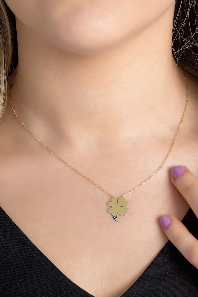 Moom Mücevherat Kadın Göz Boncuklu Yonca Kolye 14 Ayar Altın