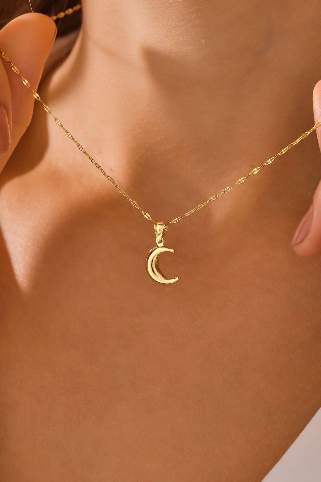 MOOM MÜCEVHERAT 14 Ayar Altın Aynalı Zincir Hilal Altın Kolye (40cm,45cm,50cm,55cm)