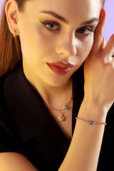 Moom Mücevherat Kadın 14 Ayar Altın Firuze Taşlı Zicirli Fantezi Nazar Göz Bileklik