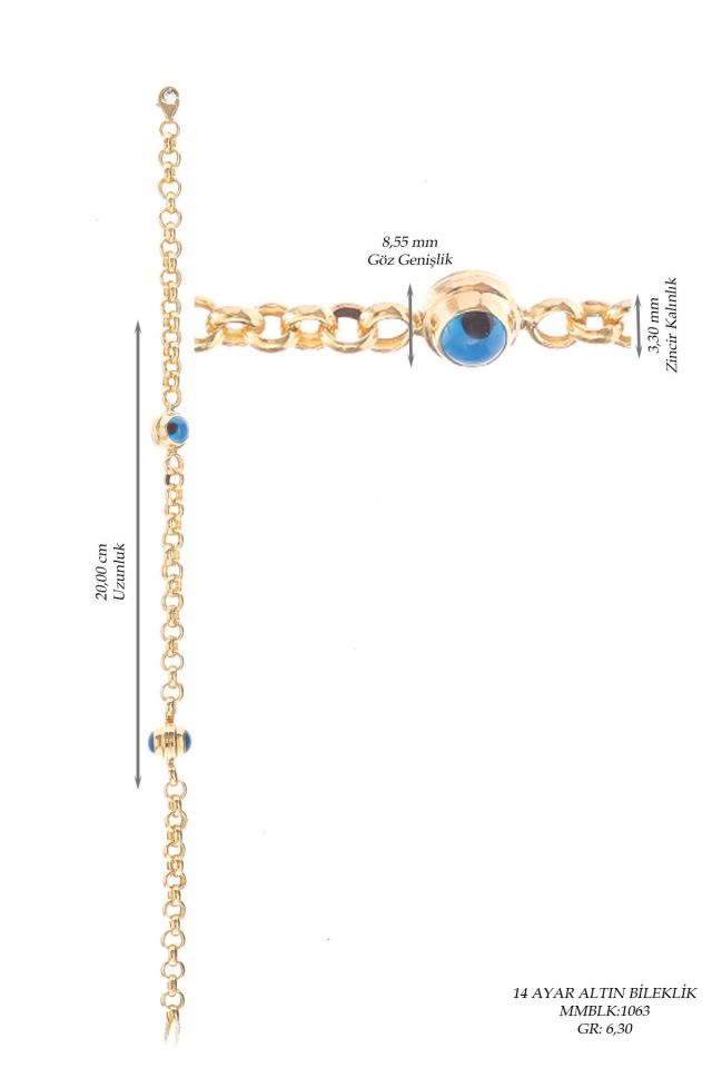 Moom Mücevherat Kadın 14 Ayar Altın Nazar Göz Taşlı Bileklik