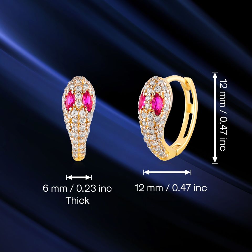 MOOM MÜCEVHERAT Kadın 14 Ayar Altın Küpe Minimalist Zirkon Taş Yılan Figürlü Halka Altın Küpe 12 mm