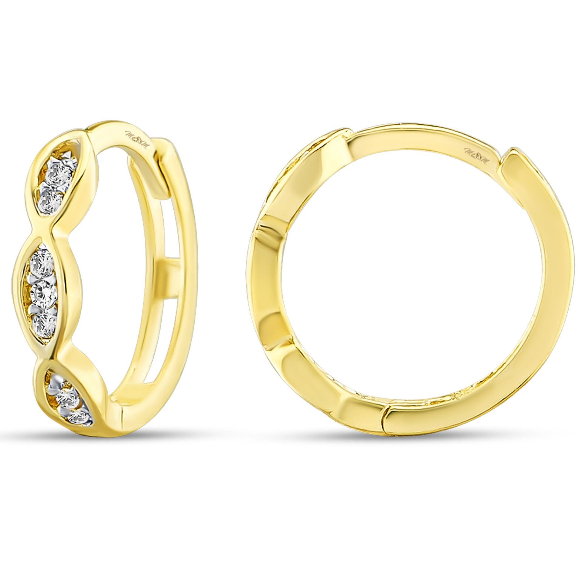 MOOM MÜCEVHERAT Kadın 14 Ayar Altın Küpe Minimalist Zirkon Taşlı Modern Halka Altın Küpe 12 mm