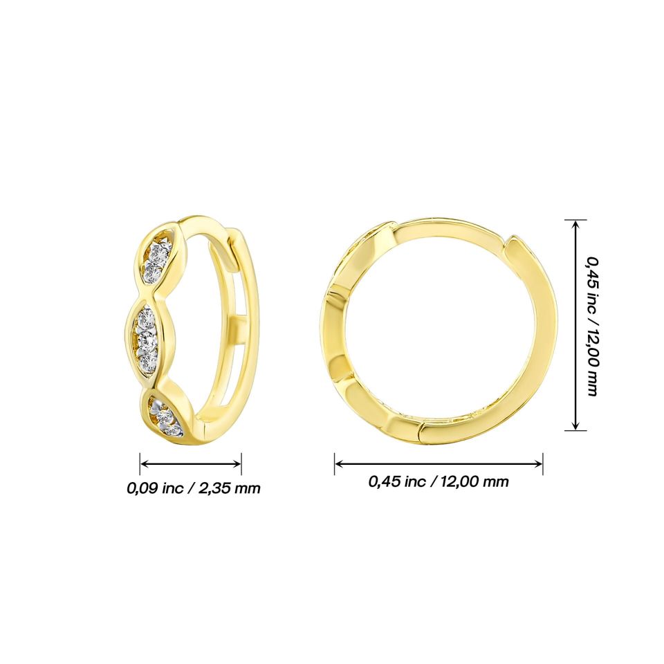 MOOM MÜCEVHERAT Kadın 14 Ayar Altın Küpe Minimalist Zirkon Taşlı Modern Halka Altın Küpe 12 mm