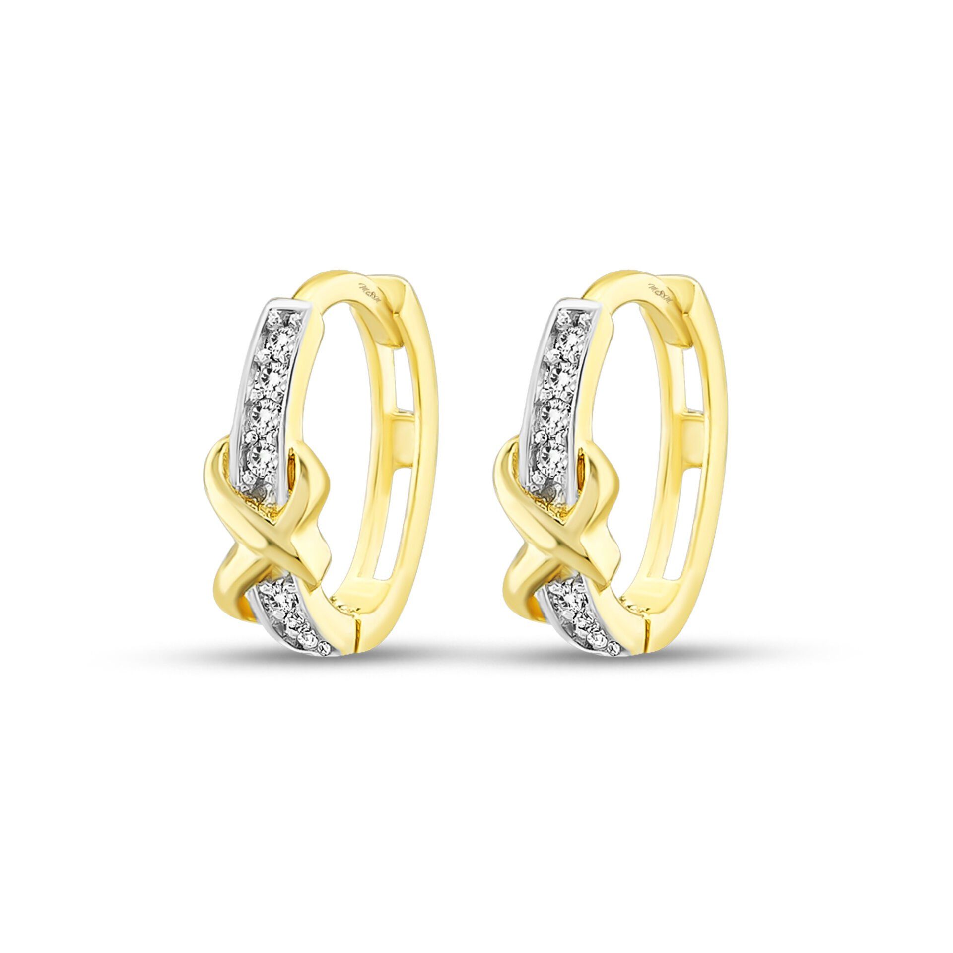 MOOM MÜCEVHERAT Kadın 14 Ayar Altın Küpe Minimalist Zirkon Taşlı Modern Halka Altın Küpe 11.5 mm