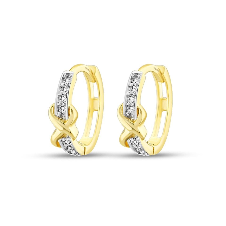 MOOM MÜCEVHERAT Kadın 14 Ayar Altın Küpe Minimalist Zirkon Taşlı Modern Halka Altın Küpe 11.5 mm