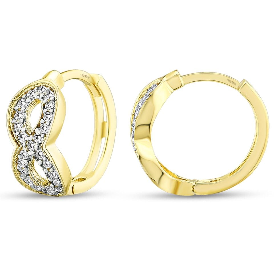 MOOM MÜCEVHERAT Kadın 14 Ayar Altın Küpe Minimalist Zirkon Taşlı Sonsuzluk Halka Altın Küpe 17 mm