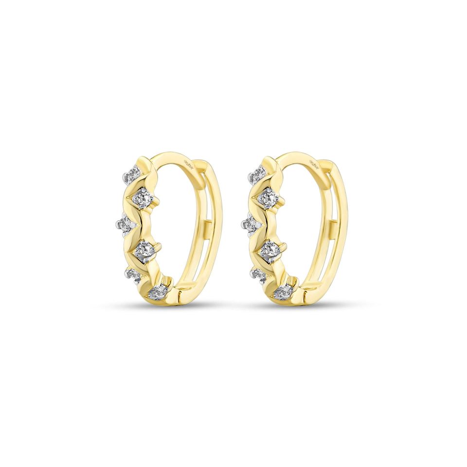 MOOM MÜCEVHERAT Kadın 14 Ayar Altın Küpe Minimalist Zirkon Taşlı Modern Halka Altın Küpe 17 mm