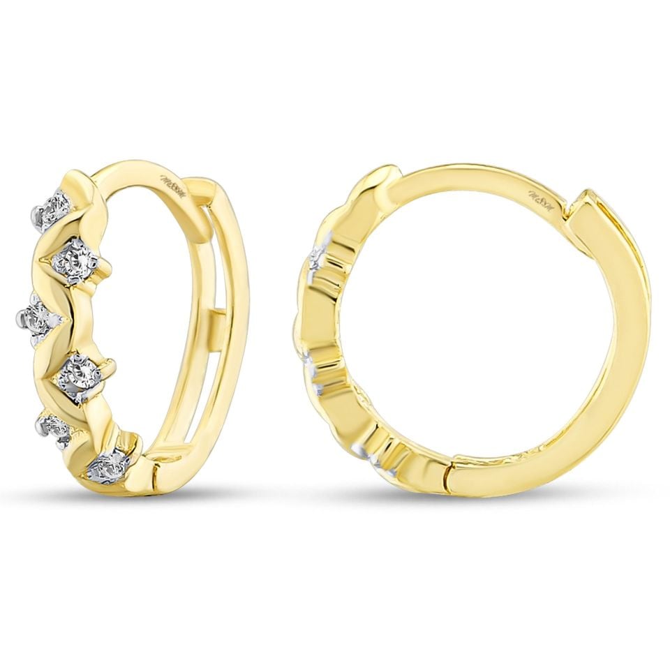 MOOM MÜCEVHERAT Kadın 14 Ayar Altın Küpe Minimalist Zirkon Taşlı Modern Halka Altın Küpe 17 mm