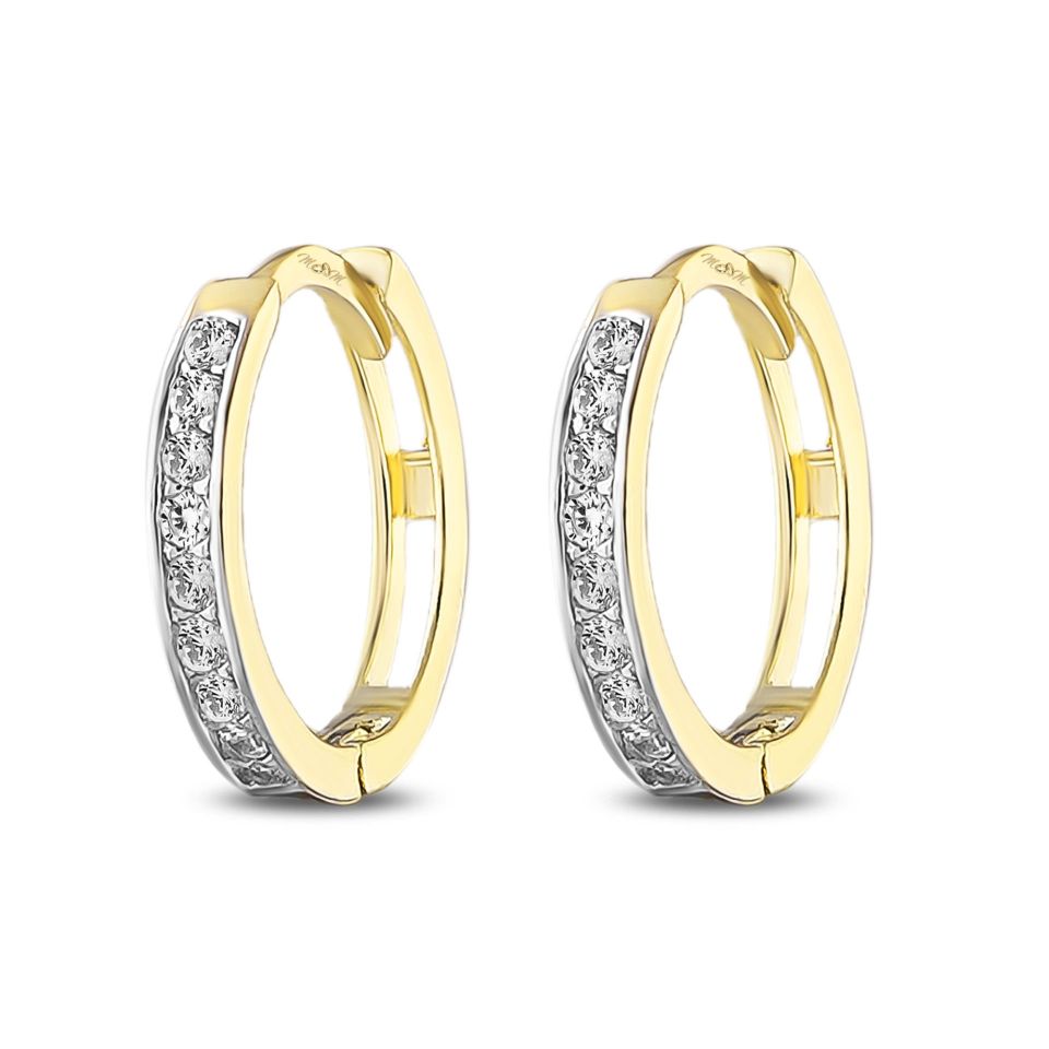 MOOM MÜCEVHERAT Kadın 14 Ayar Altın Küpe Minimalist Zirkon Taşlı Modern Halka Altın Küpe 12 mm