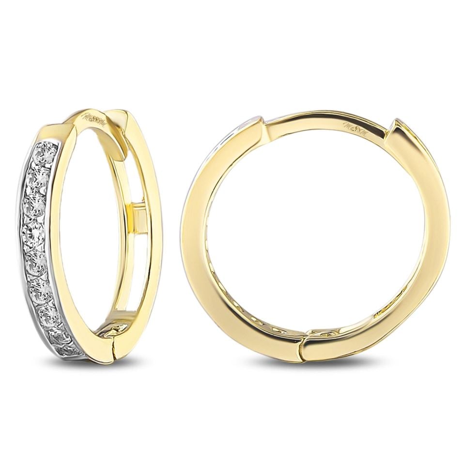 MOOM MÜCEVHERAT Kadın 14 Ayar Altın Küpe Minimalist Zirkon Taşlı Modern Halka Altın Küpe 12 mm