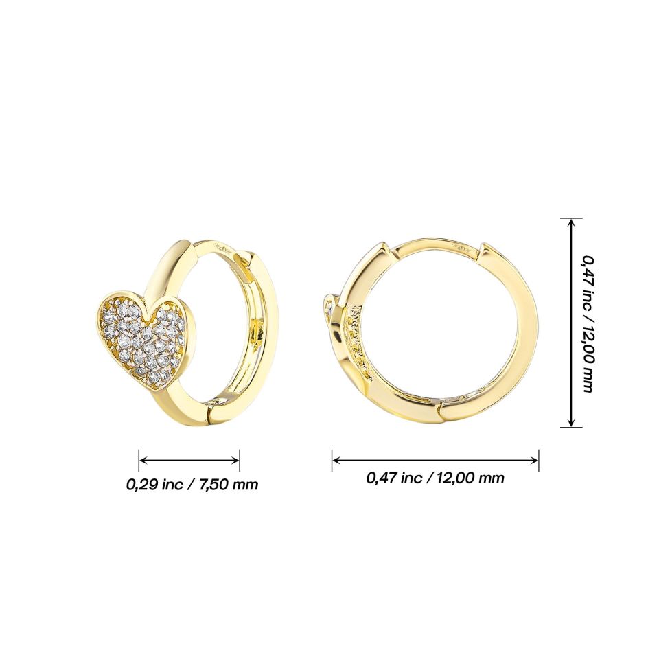 MOOM MÜCEVHERAT Kadın 14 Ayar Altın Küpe Minimalist Zirkon Taşlı Kalp Temalı Halka Altın Küpe 12 mm