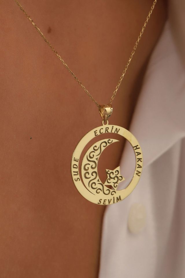 MOOM MÜCEVHERAT Altın Kolye/Ay Yıldız Deseni Altın Kolye/14 Ayar Altın Aile Kolye/Altın İsim Kolye