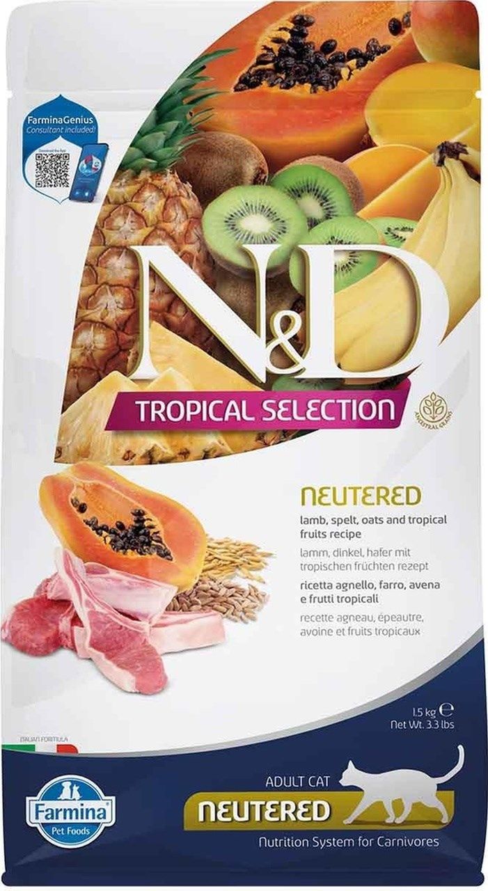 N&D Tropical Düşük Tahıllı Kuzulu Tropikal Meyveli Kısırlaştırılmış Yetişkin Kedi Maması 1500 Gr
