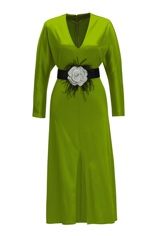 V-Neck Midi Dress with Front Slit in Green
