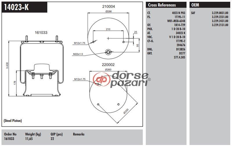 14023 K KOMPLE METAL PİSTONLU SAF DORSE KÖRÜK
