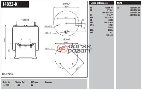 14023 K KOMPLE METAL PİSTONLU SAF DORSE KÖRÜK