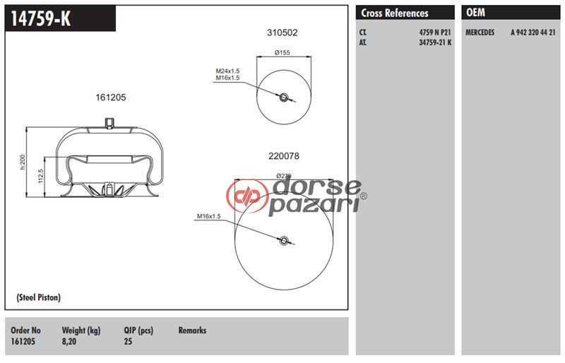 14759 K KOMPLE METAL PİSTONLU KÖRÜK MERCEDES