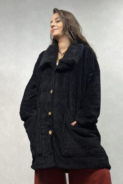 Puffy Peluş Oversize Ceket - Siyah