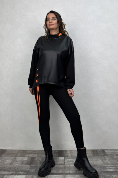 Lamante Orange Deri Detaylı Sweatshirt - Siyah