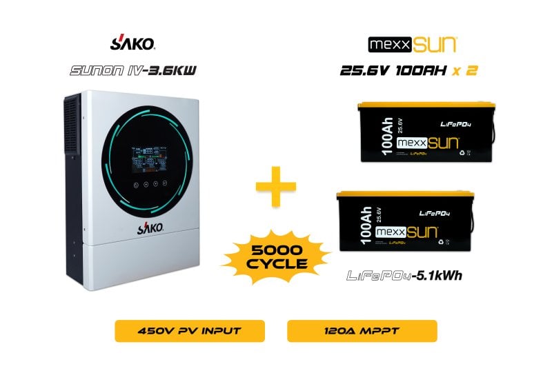 Sunon-IV 3.6KW Inverter + 2x25.6V 100Ah Lityum Akü Off-Grid Hibrit Paketi