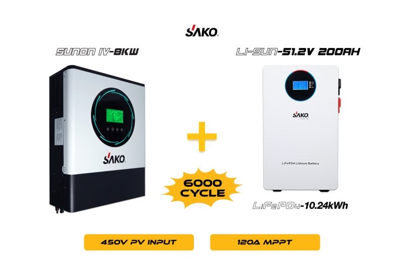 Sunon-IV 8KW Inverter + Li-sun 51.2V 200Ah Lityum Akü Off-Grid Hibrit Paketi