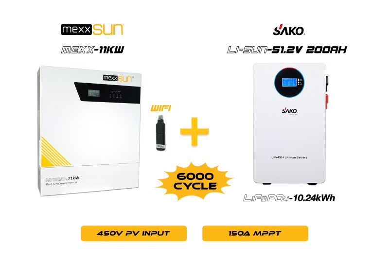Mexx 11KW Inverter + Li-sun 51.2V 200Ah Lityum Akü Off-Grid Hibrit Paketi