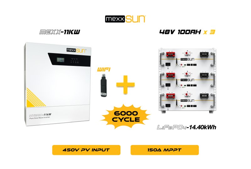 Mexx 11KW Inverter + 3x48V 100Ah Lityum Akü Off-Grid Hibrit Paketi