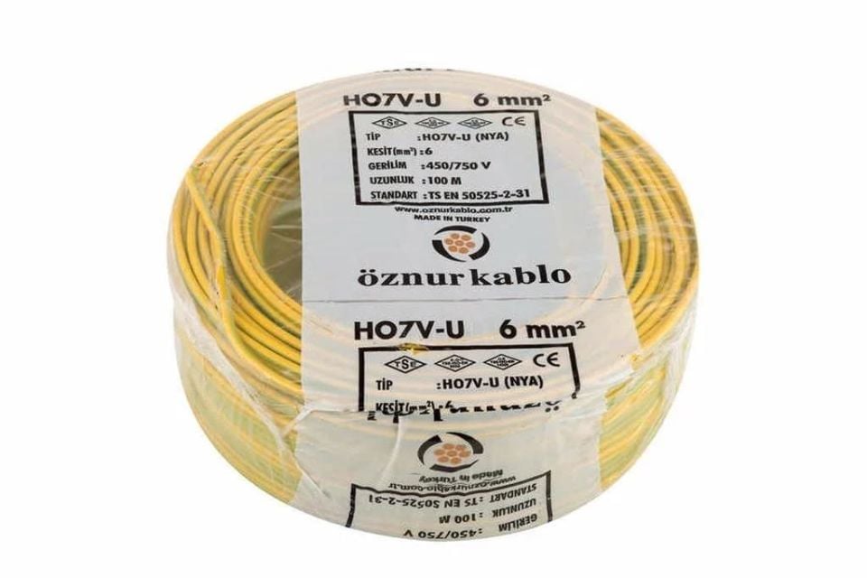 Öznur 6 Mm Nya Kablo Tek Damar Sarı Yeşil 100 Metre