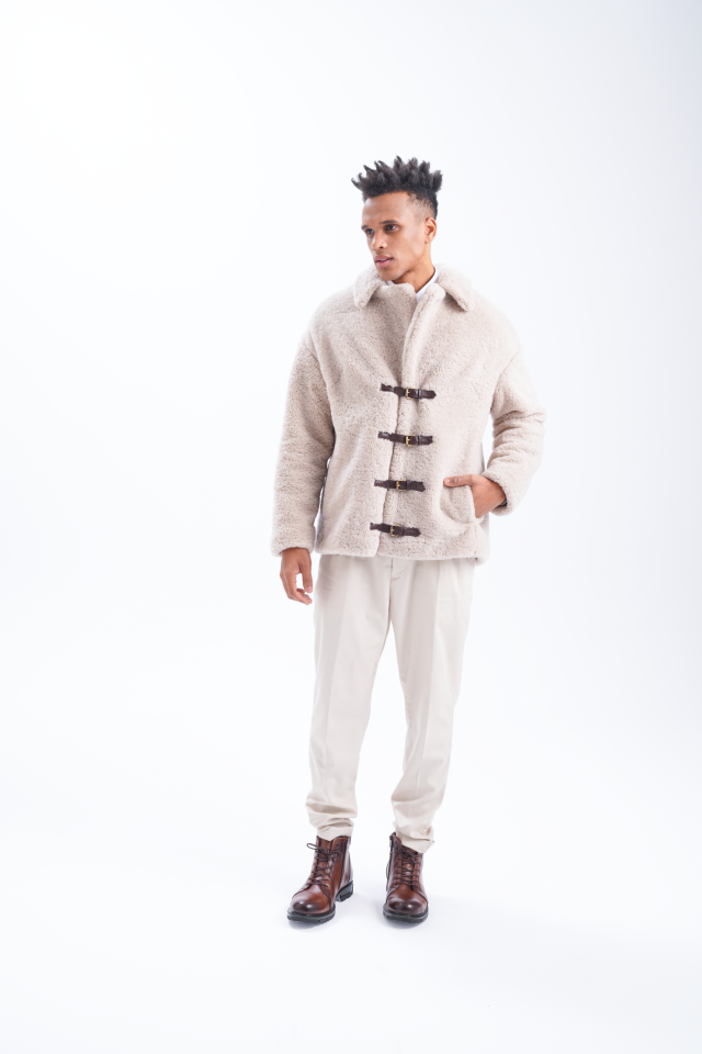 Teddy shearling coat with leather trims